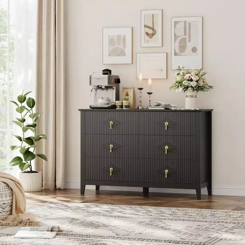 Fluted 6 Drawers Dresser for Bedroom, 54 Wide Modern Chest of Drawers with Metal Handle, Wooden Dresser Organizer