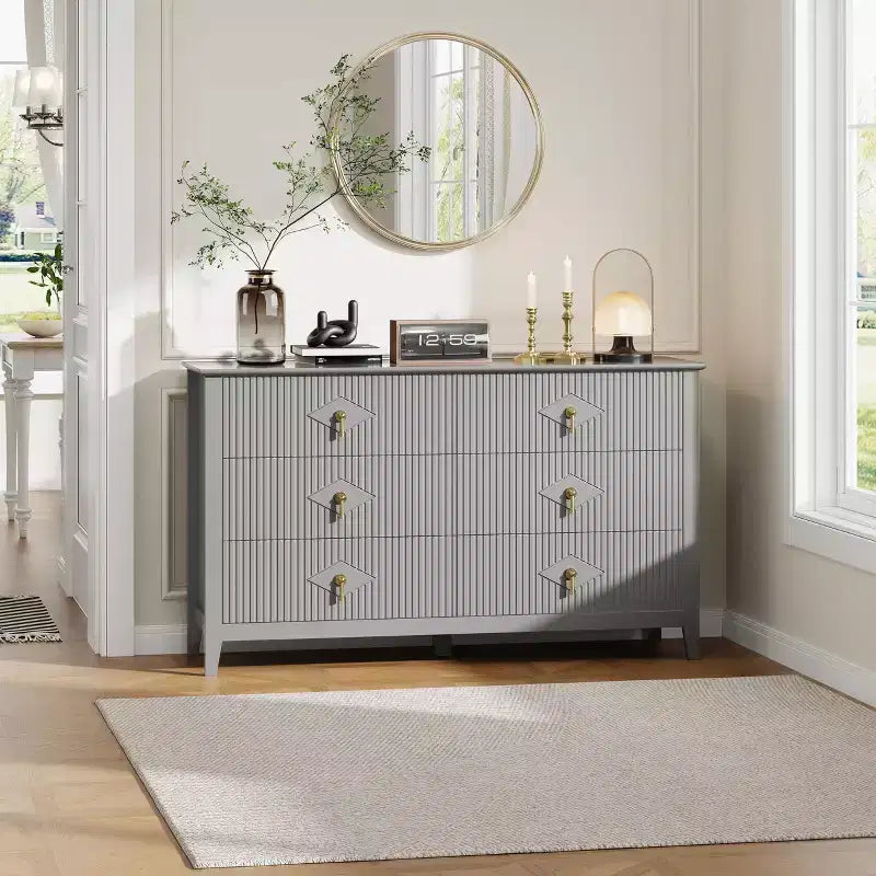 Fluted 6 Drawers Dresser for Bedroom, 54 Wide Modern Chest of Drawers with Metal Handle, Wooden Dresser Organizer
