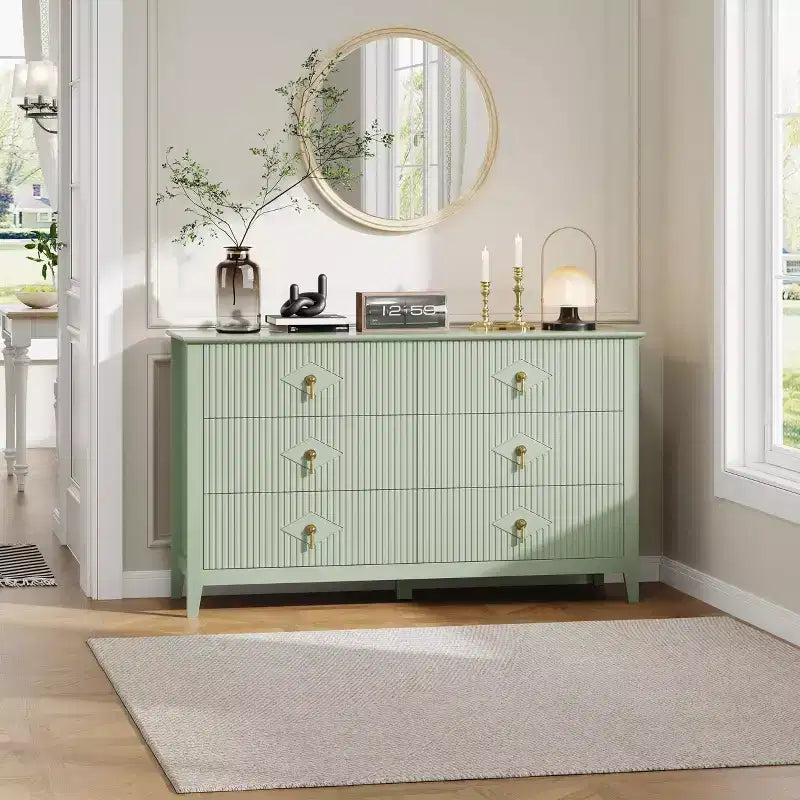 Fluted 6 Drawers Dresser for Bedroom, 54 Wide Modern Chest of Drawers with Metal Handle, Wooden Dresser Organizer