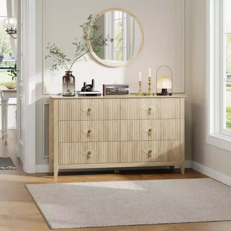 Fluted 6 Drawers Dresser for Bedroom, 54 Wide Modern Chest of Drawers with Metal Handle, Wooden Dresser Organizer