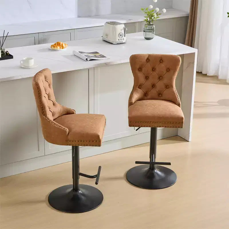 Set of 2 Bar Stools, Modern Upholstered Swivel Counter Stools with Tufted Backrest, Rivet Trim, and 26-33 inch Adjustable Height for Kitchen