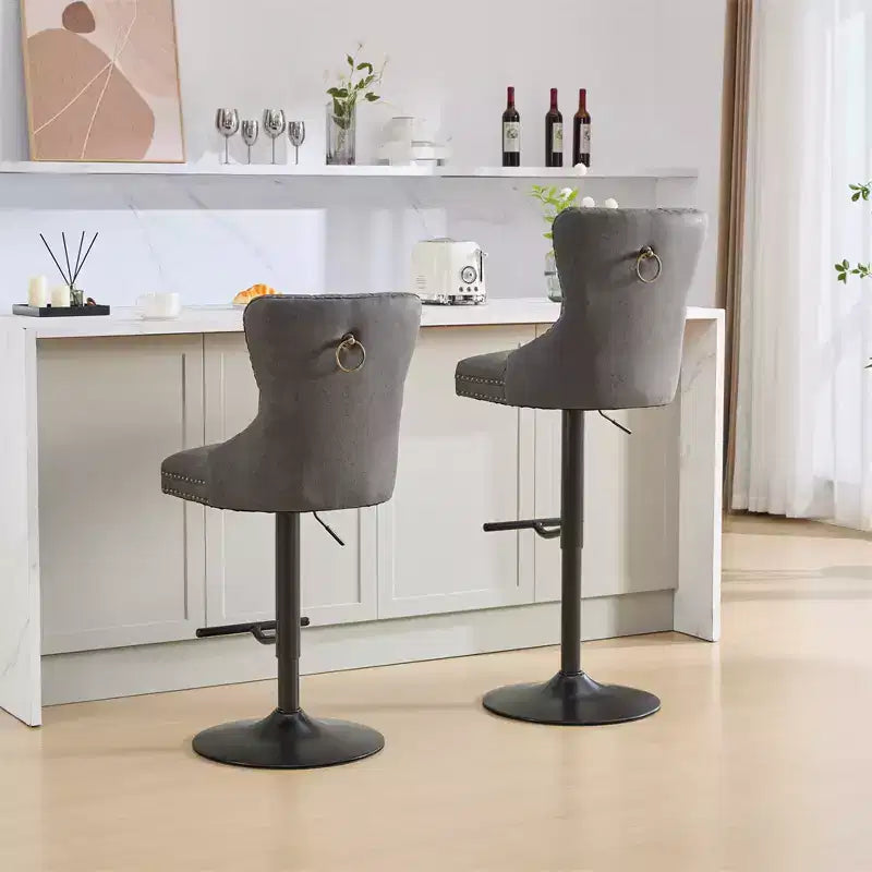 Set of 2 Bar Stools, Modern Upholstered Swivel Counter Stools with Tufted Backrest, Rivet Trim, and 26-33 inch Adjustable Height for Kitchen
