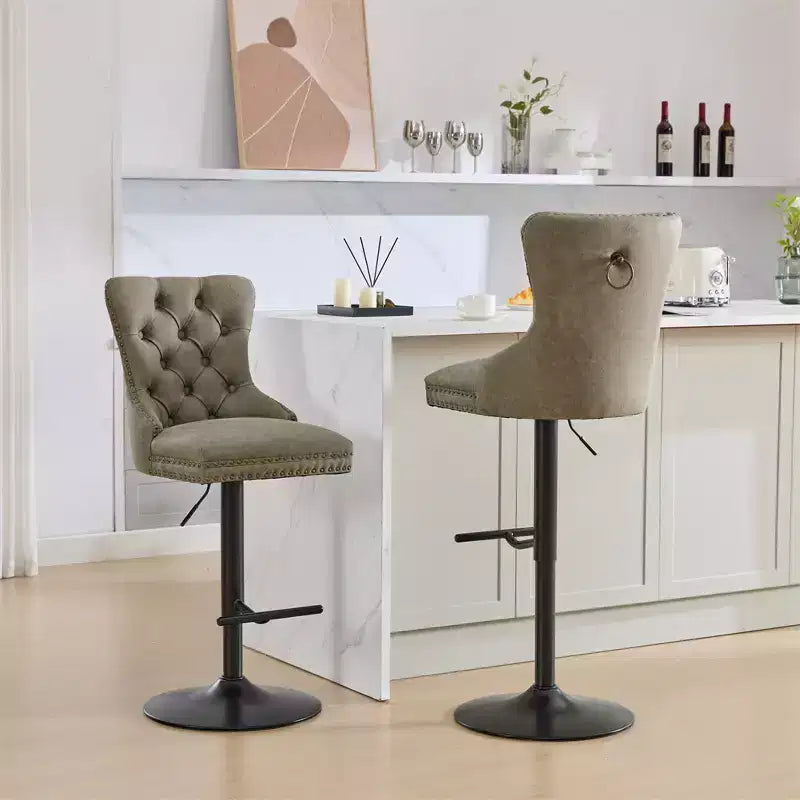 Set of 2 Bar Stools, Modern Upholstered Swivel Counter Stools with Tufted Backrest, Rivet Trim, and 26-33 inch Adjustable Height for Kitchen