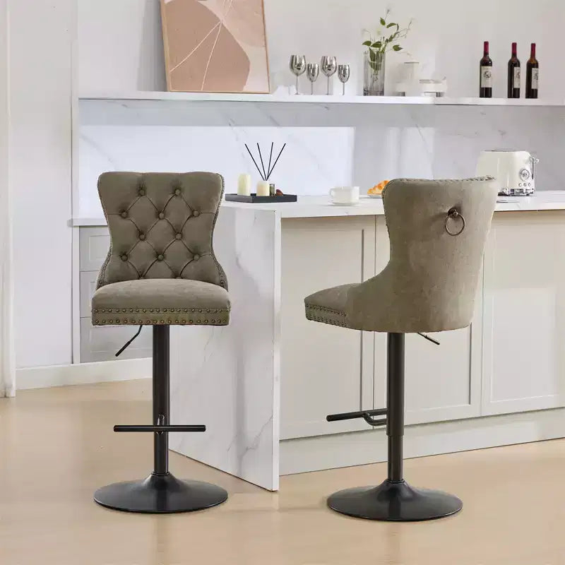 Set of 2 Bar Stools, Modern Upholstered Swivel Counter Stools with Tufted Backrest, Rivet Trim, and 26-33 inch Adjustable Height for Kitchen
