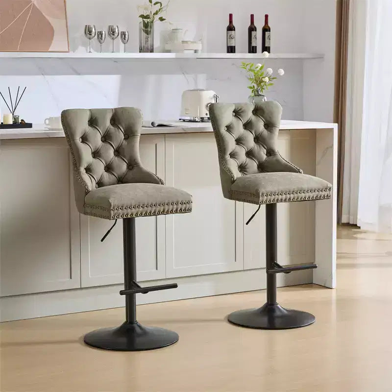 Set of 2 Bar Stools, Modern Upholstered Swivel Counter Stools with Tufted Backrest, Rivet Trim, and 26-33 inch Adjustable Height for Kitchen