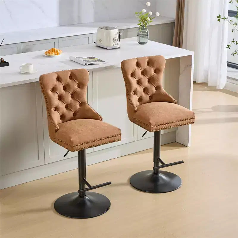 Set of 2 Bar Stools, Modern Upholstered Swivel Counter Stools with Tufted Backrest, Rivet Trim, and 26-33 inch Adjustable Height for Kitchen