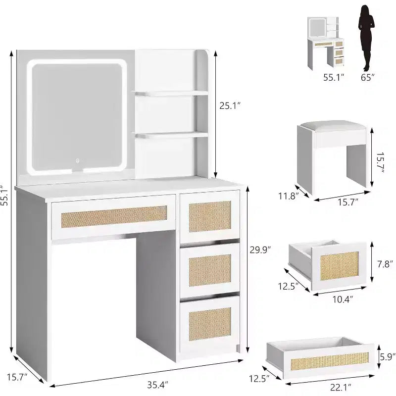 COZONY Rattan Makeup Vanity Desk with Mirror & Adjustable LED Light, Large Storage Vanity with 4 Drawers and 2-Tier Open Shelves for Bedroom, White