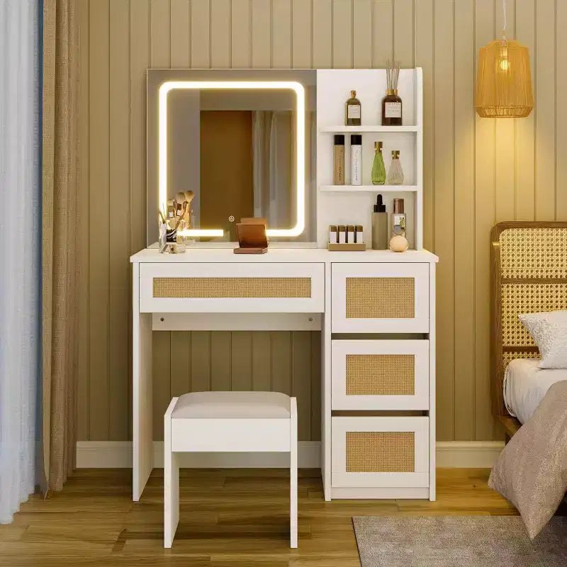 COZONY Rattan Makeup Vanity Desk with Mirror & Adjustable LED Light, Large Storage Vanity with 4 Drawers and 2-Tier Open Shelves for Bedroom, White