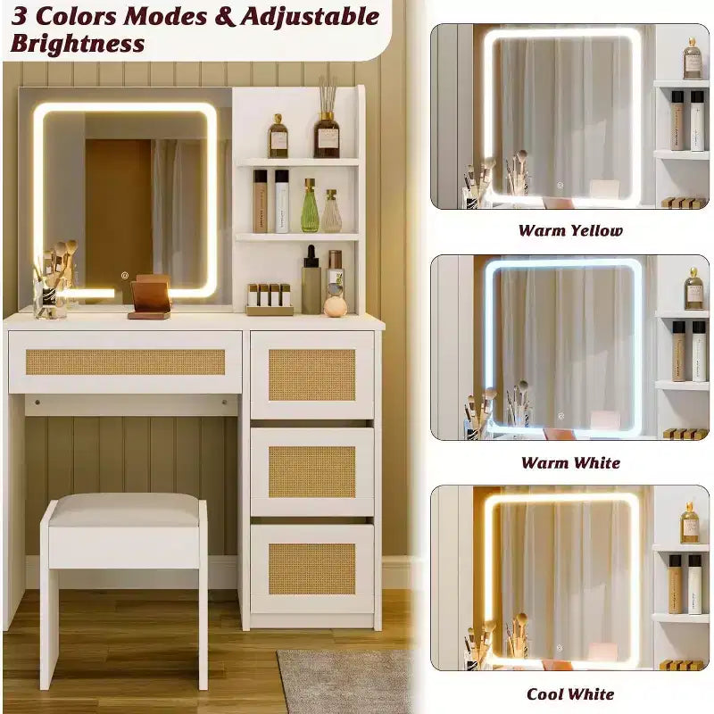 COZONY Rattan Makeup Vanity Desk with Mirror & Adjustable LED Light, Large Storage Vanity with 4 Drawers and 2-Tier Open Shelves for Bedroom, White