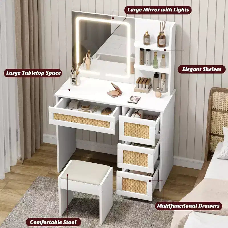 COZONY Rattan Makeup Vanity Desk with Mirror & Adjustable LED Light, Large Storage Vanity with 4 Drawers and 2-Tier Open Shelves for Bedroom, White