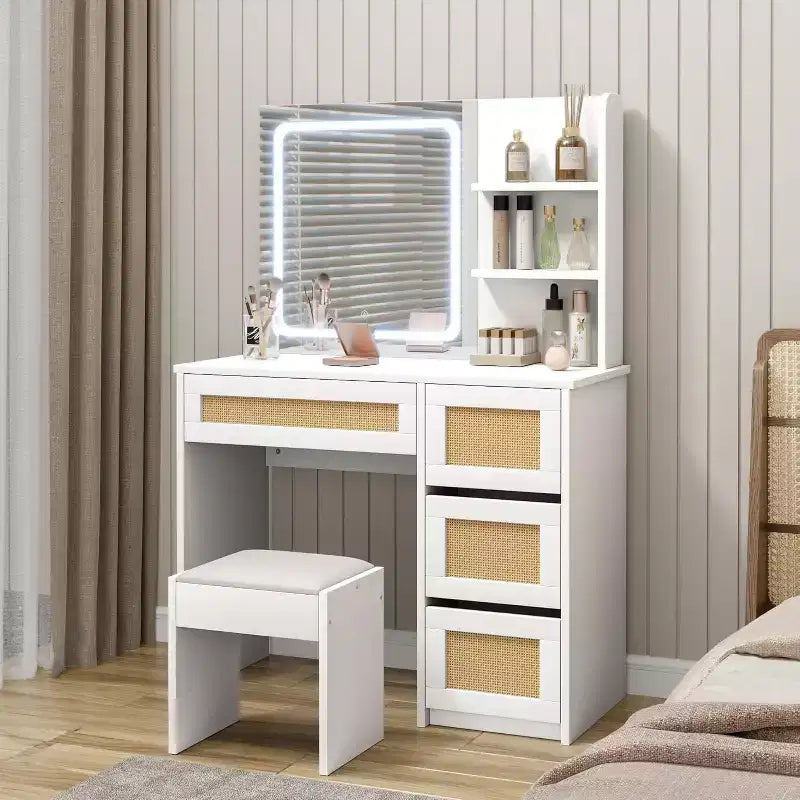 COZONY Rattan Makeup Vanity Desk with Mirror & Adjustable LED Light, Large Storage Vanity with 4 Drawers and 2-Tier Open Shelves for Bedroom, White