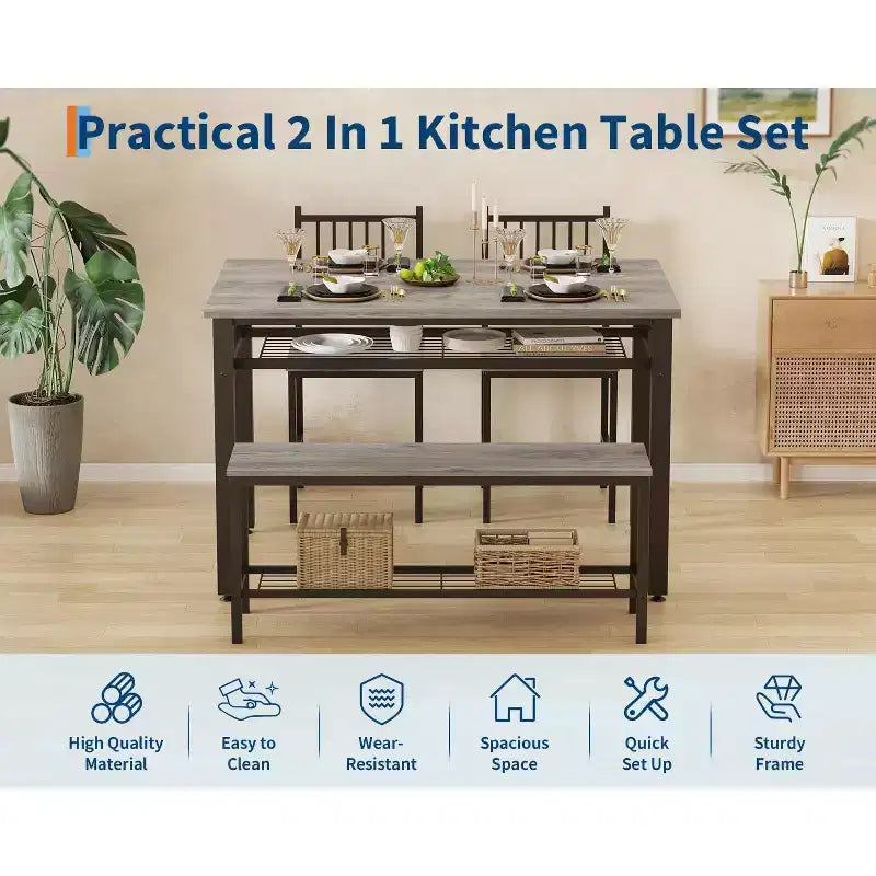 4 Piece Dining Table Set for 4, Wood Kitchen Table with 2 Chairs and Bench, Rectangular Kitchen Table Set with Storage Shelf for Living Room