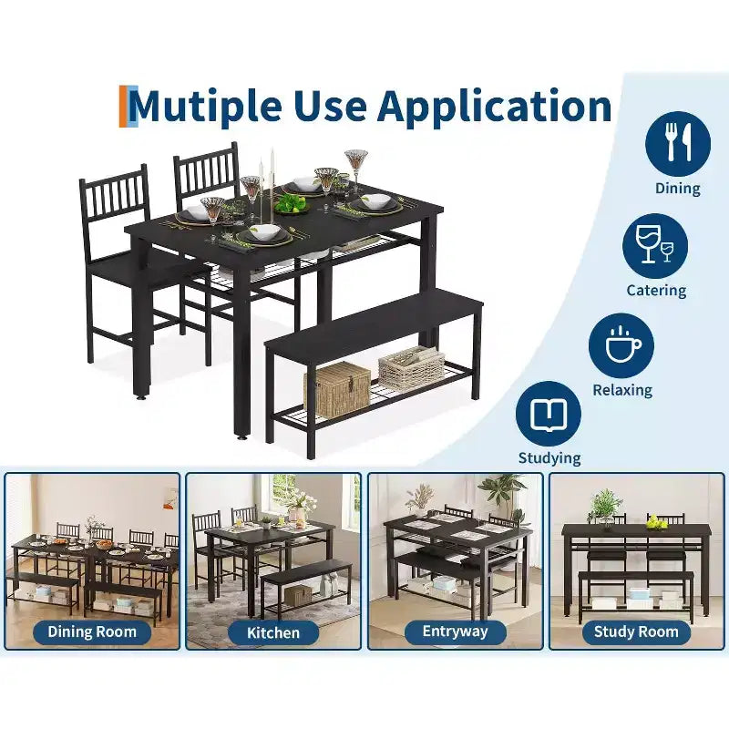 4 Piece Dining Table Set for 4, Wood Kitchen Table with 2 Chairs and Bench, Rectangular Kitchen Table Set with Storage Shelf for Living Room