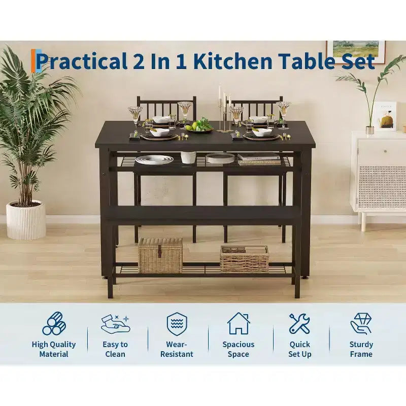 4 Piece Dining Table Set for 4, Wood Kitchen Table with 2 Chairs and Bench, Rectangular Kitchen Table Set with Storage Shelf for Living Room
