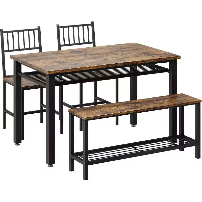 4 Piece Dining Table Set for 4, Wood Kitchen Table with 2 Chairs and Bench, Rectangular Kitchen Table Set with Storage Shelf for Living Room