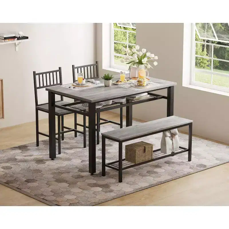 4 Piece Dining Table Set for 4, Wood Kitchen Table with 2 Chairs and Bench, Rectangular Kitchen Table Set with Storage Shelf for Living Room