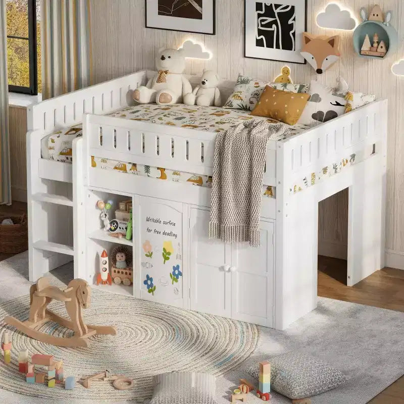 Polibi Full Size Loft Bed with Built-In Storage, Chalkboard Panel & Underbed Play Space