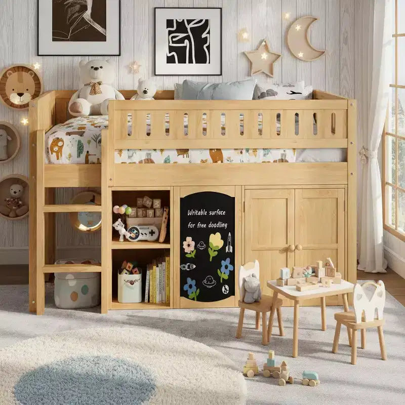 Polibi Full Size Loft Bed with Built-In Storage, Chalkboard Panel & Underbed Play Space
