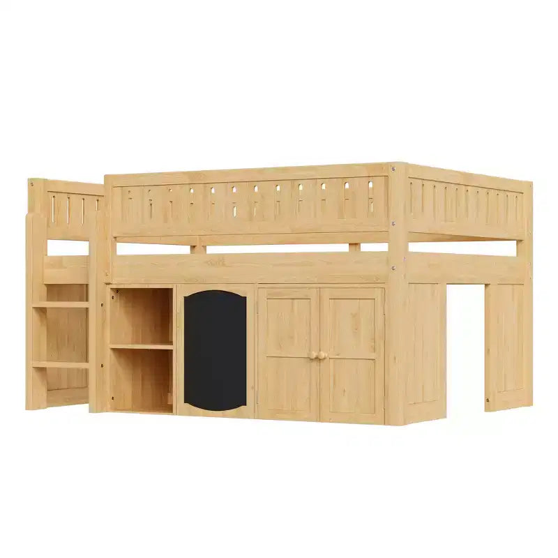 Polibi Full Size Loft Bed with Built-In Storage, Chalkboard Panel & Underbed Play Space