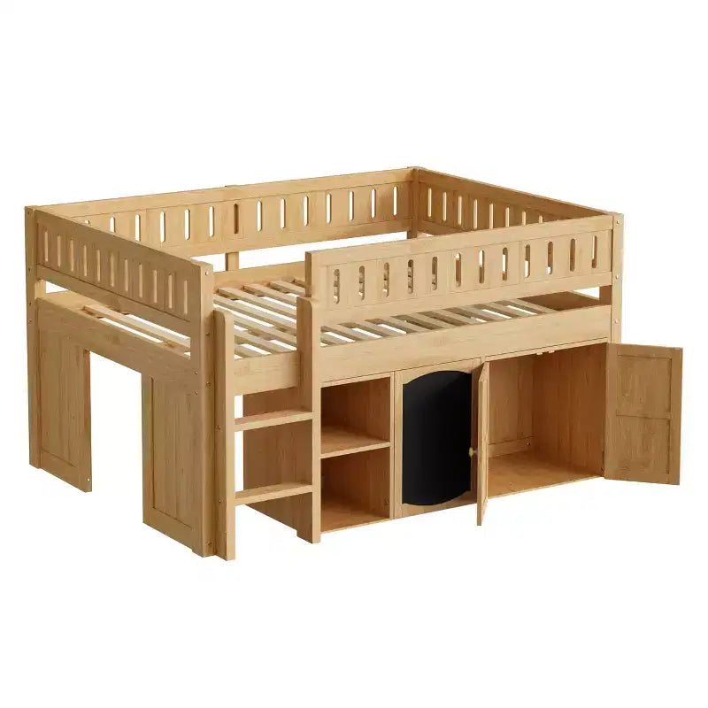 Polibi Full Size Loft Bed with Built-In Storage, Chalkboard Panel & Underbed Play Space