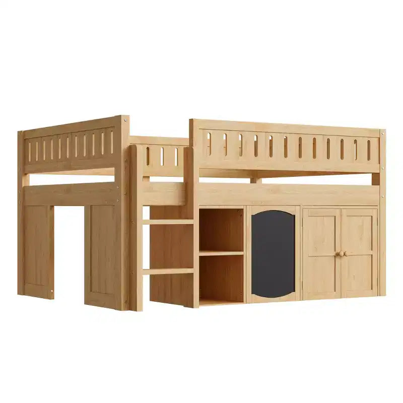 Polibi Full Size Loft Bed with Built-In Storage, Chalkboard Panel & Underbed Play Space