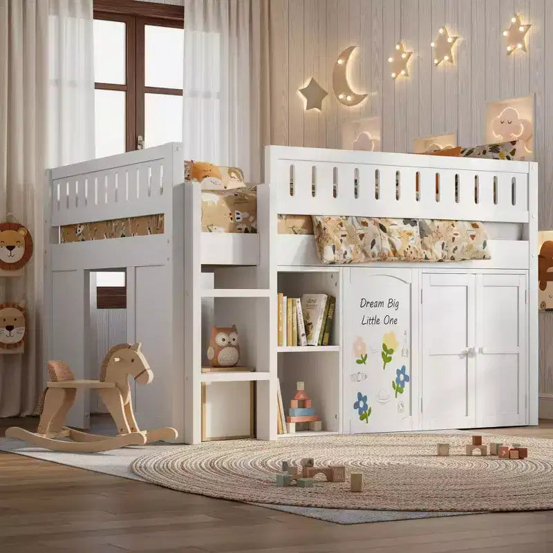 Polibi Full Size Loft Bed with Built-In Storage, Chalkboard Panel & Underbed Play Space