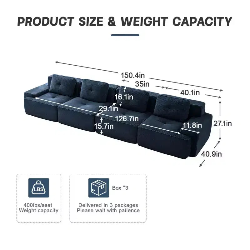 PexFix Modern Modular Sectional Sofa for Living Room Corduroy Fabric 4-Seater Couch with Deep Seat Buckle Connection No Assembly Anti-slip