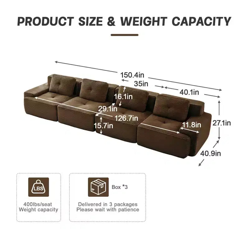 PexFix Modern Modular Sectional Sofa for Living Room Corduroy Fabric 4-Seater Couch with Deep Seat Buckle Connection No Assembly Anti-slip