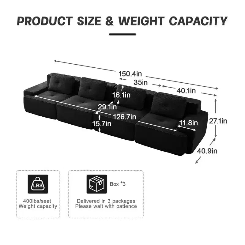 PexFix Modern Modular Sectional Sofa for Living Room Corduroy Fabric 4-Seater Couch with Deep Seat Buckle Connection No Assembly Anti-slip
