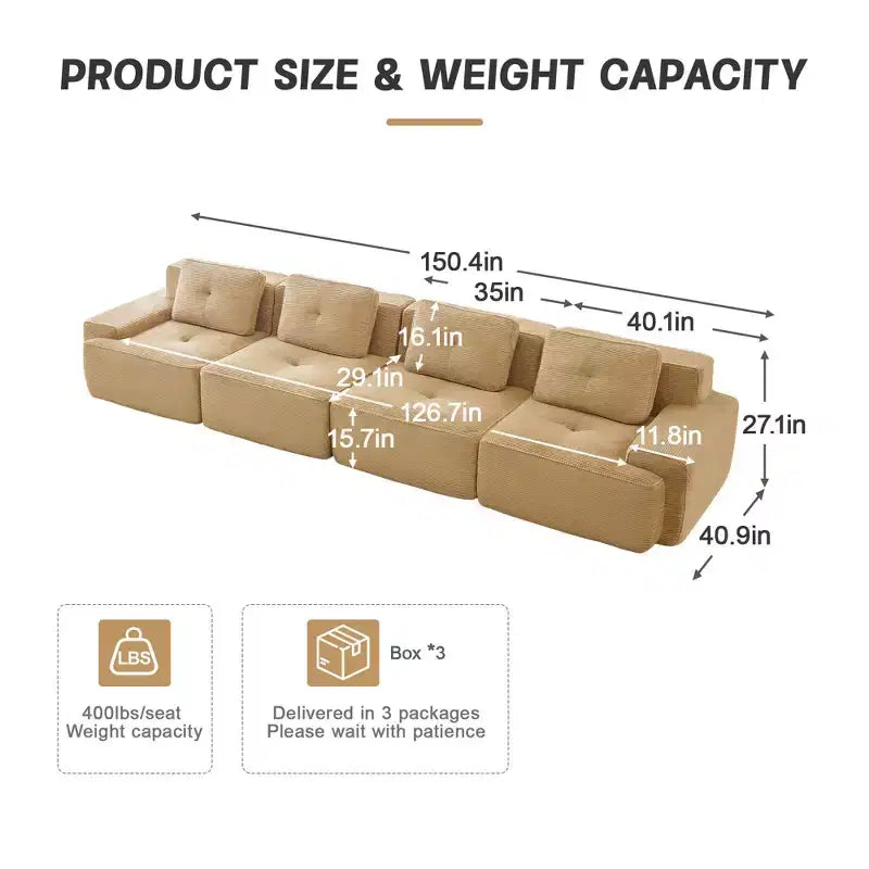 PexFix Modern Modular Sectional Sofa for Living Room Corduroy Fabric 4-Seater Couch with Deep Seat Buckle Connection No Assembly Anti-slip