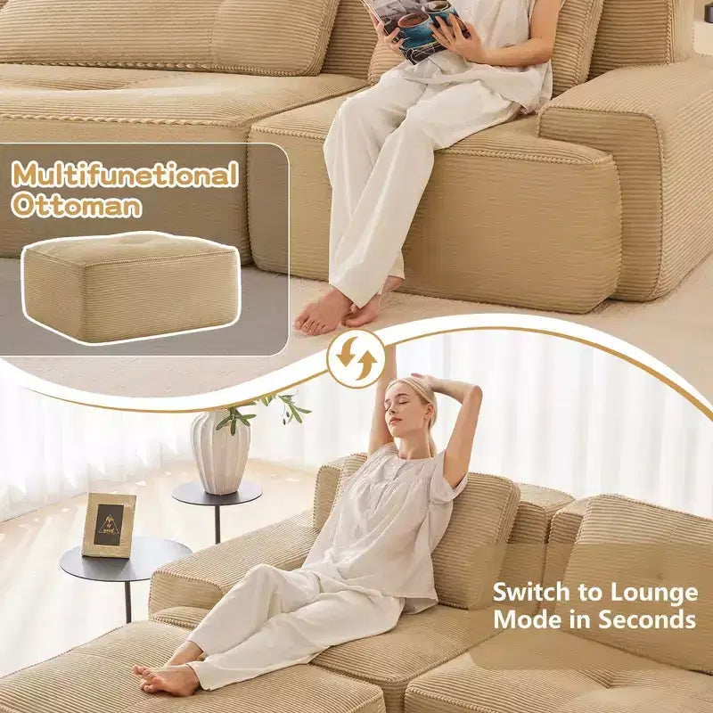 PexFix Modern Modular Sectional Sofa for Living Room Corduroy Fabric 4-Seater Couch with Deep Seat Buckle Connection No Assembly Anti-slip