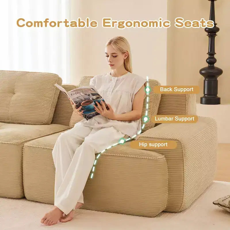 PexFix Modern Modular Sectional Sofa for Living Room Corduroy Fabric 4-Seater Couch with Deep Seat Buckle Connection No Assembly Anti-slip