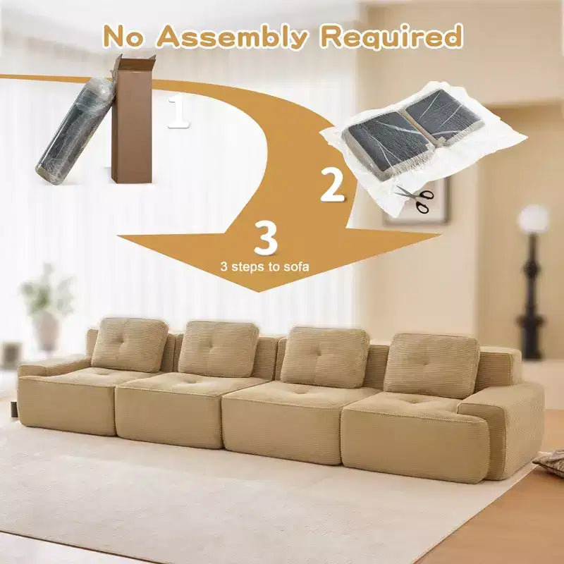 PexFix Modern Modular Sectional Sofa for Living Room Corduroy Fabric 4-Seater Couch with Deep Seat Buckle Connection No Assembly Anti-slip