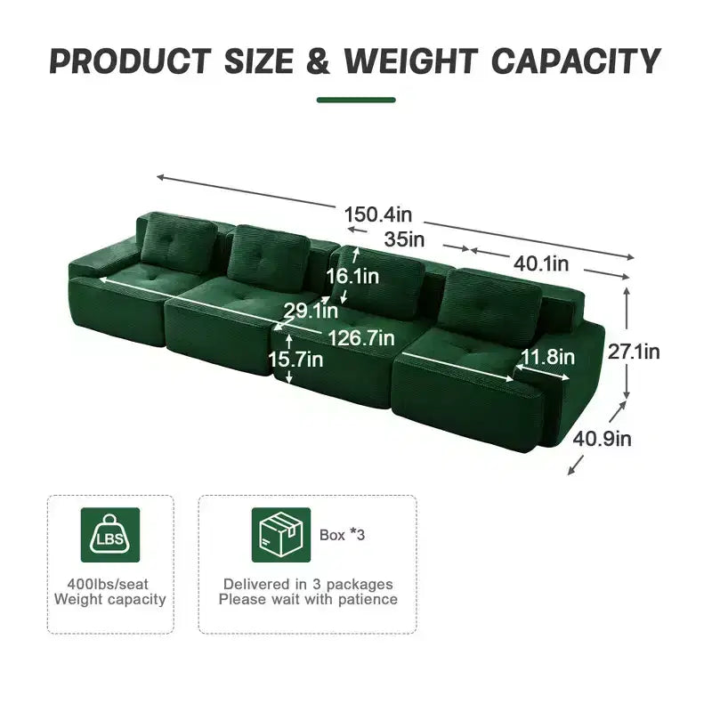 PexFix Modern Modular Sectional Sofa for Living Room Corduroy Fabric 4-Seater Couch with Deep Seat Buckle Connection No Assembly Anti-slip