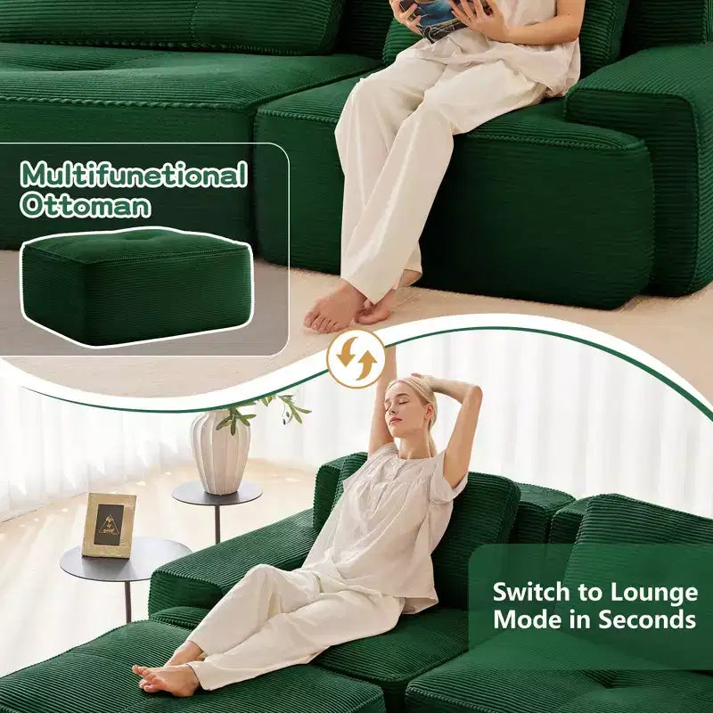 PexFix Modern Modular Sectional Sofa for Living Room Corduroy Fabric 4-Seater Couch with Deep Seat Buckle Connection No Assembly Anti-slip