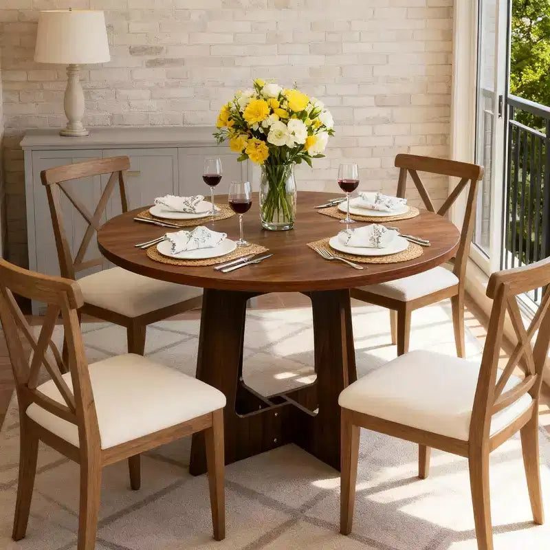Round Dining Table for 4, 43.3 Inches Farmhouse Dining Table with Pedestal Base, Circle Kitchen Tables for Dining Room