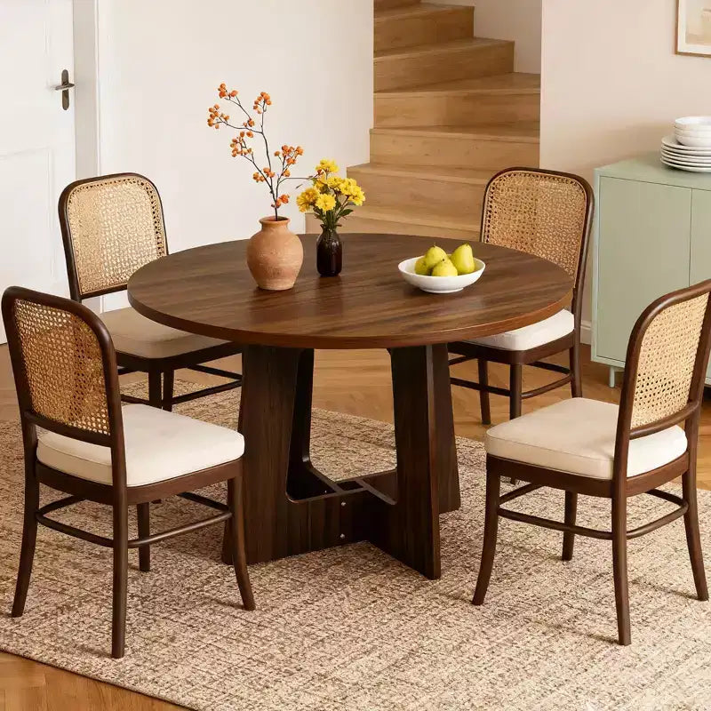 Round Dining Table for 4, 43.3 Inches Farmhouse Dining Table with Pedestal Base, Circle Kitchen Tables for Dining Room