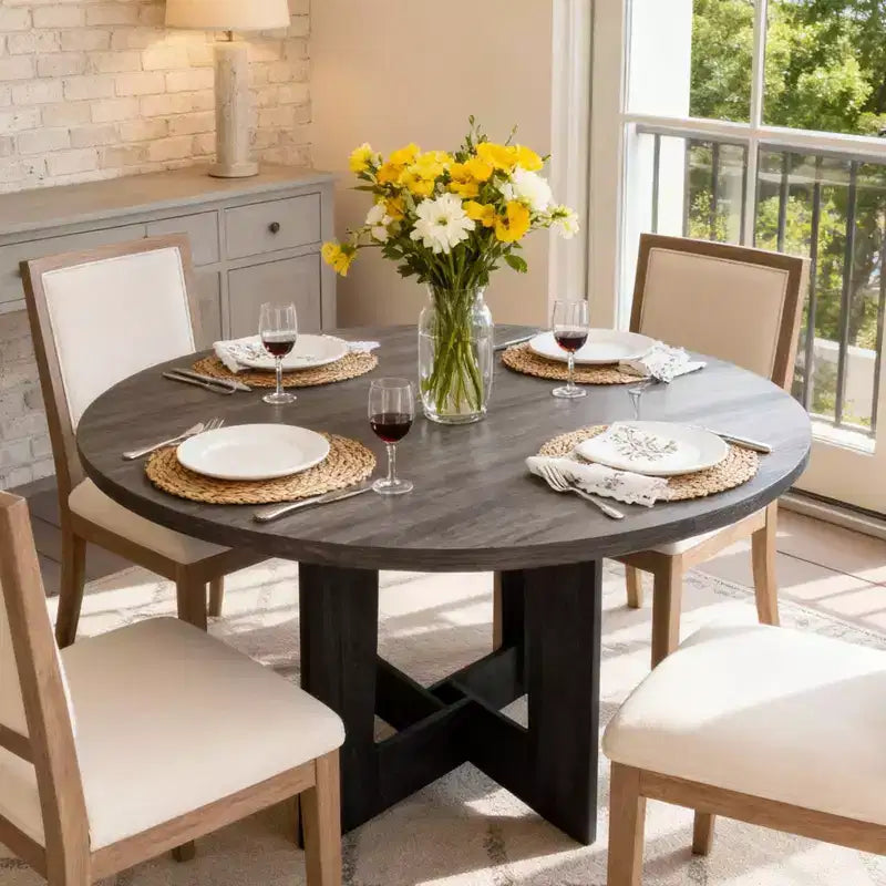 Round Dining Table for 4, 43.3 Inches Farmhouse Dining Table with Pedestal Base, Circle Kitchen Tables for Dining Room