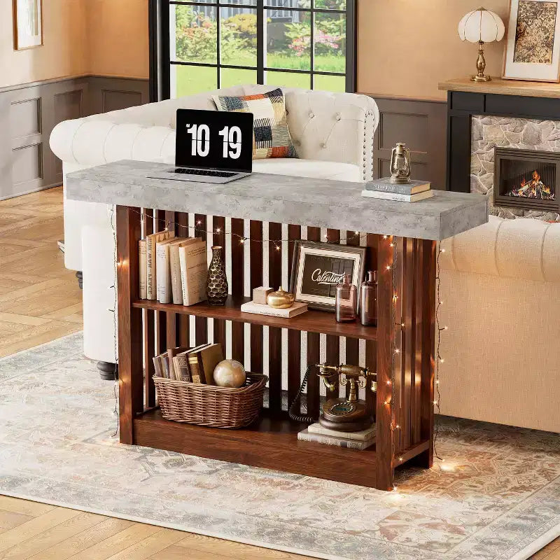 63 Long Bar Table, Counter Bar Height Pub Table with 2 Tier Storage Shelves, Modern Coffee Breakfast Bar Unit for Living Room, Dining Room, Bistro