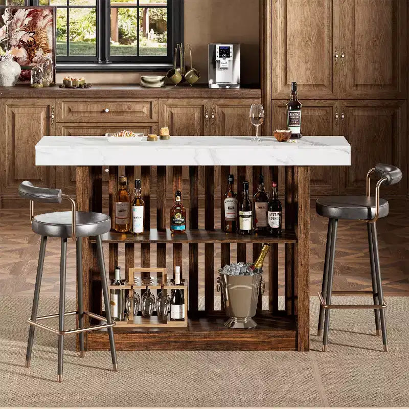 63 Long Bar Table, Counter Bar Height Pub Table with 2 Tier Storage Shelves, Modern Coffee Breakfast Bar Unit for Living Room, Dining Room, Bistro