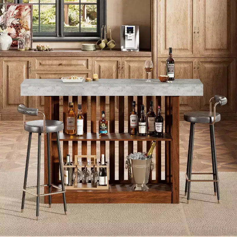 63 Long Bar Table, Counter Bar Height Pub Table with 2 Tier Storage Shelves, Modern Coffee Breakfast Bar Unit for Living Room, Dining Room, Bistro