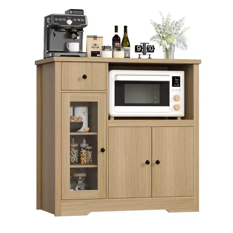 White & Walnut Kitchen Microwave Cabinet - 3-Door Pantry Storage Buffet with Adjustable Shelves for Dining Room, Living Room & Hallway