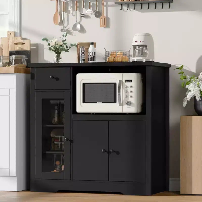 White & Walnut Kitchen Microwave Cabinet - 3-Door Pantry Storage Buffet with Adjustable Shelves for Dining Room, Living Room & Hallway