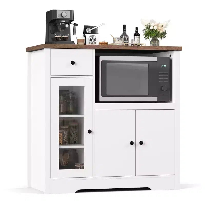 White & Walnut Kitchen Microwave Cabinet - 3-Door Pantry Storage Buffet with Adjustable Shelves for Dining Room, Living Room & Hallway