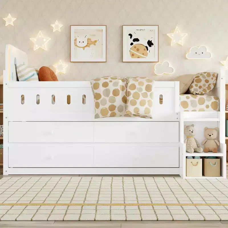 Polibi Full Size Kids Platform Bed with Built-In LED Headboard & 4 Storage Drawers