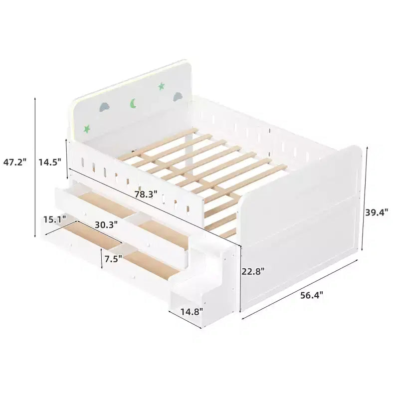 Polibi Full Size Kids Platform Bed with Built-In LED Headboard & 4 Storage Drawers