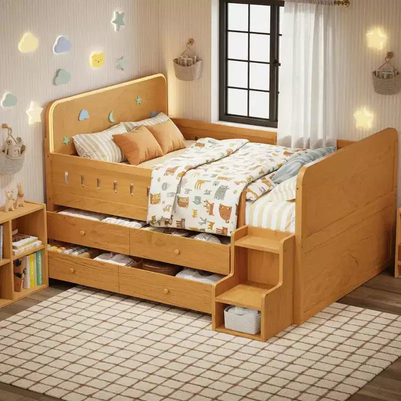 Polibi Full Size Kids Platform Bed with Built-In LED Headboard & 4 Storage Drawers