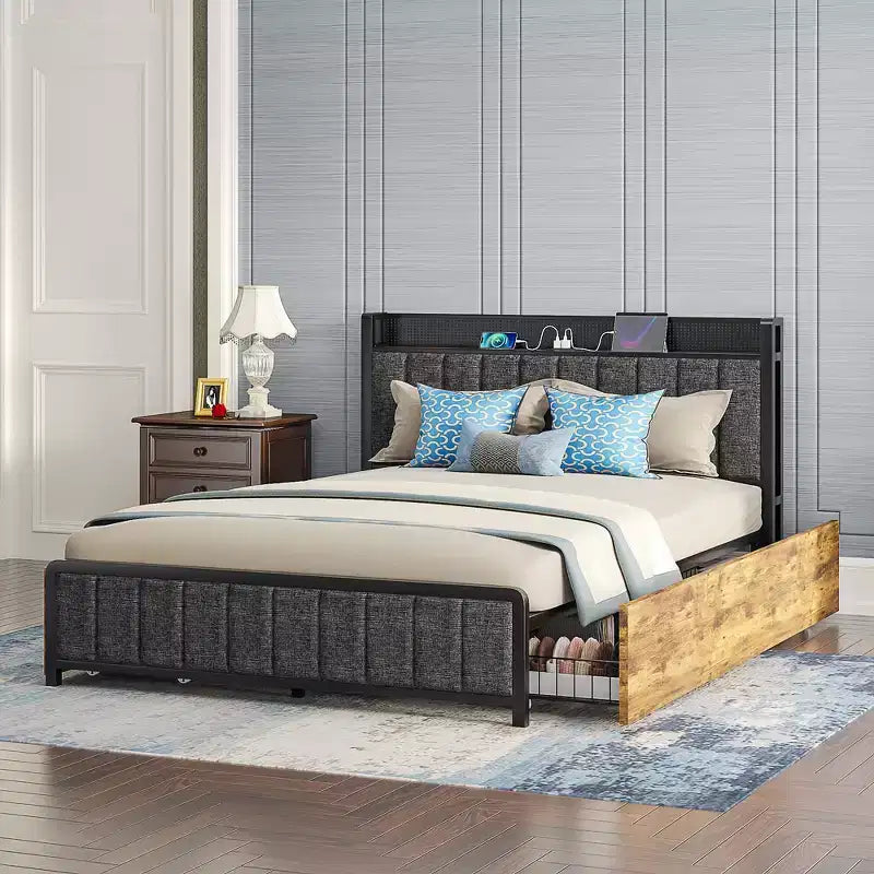 VECELO Full/Queen Size Upholstered Lift Up Storage Bed, Metal Frame Platform Bed with Lighted Headboard, USB Ports and Shelves, Brown/Gray