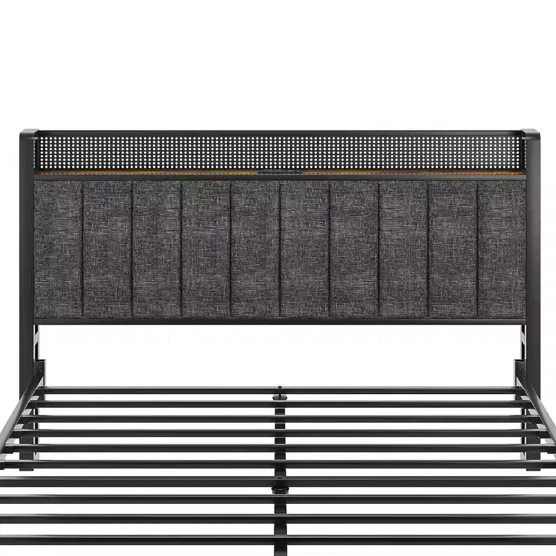 VECELO Full/Queen Size Upholstered Lift Up Storage Bed, Metal Frame Platform Bed with Lighted Headboard, USB Ports and Shelves, Brown/Gray