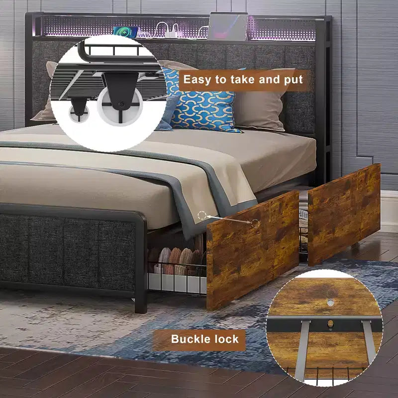 VECELO Full/Queen Size Upholstered Lift Up Storage Bed, Metal Frame Platform Bed with Lighted Headboard, USB Ports and Shelves, Brown/Gray